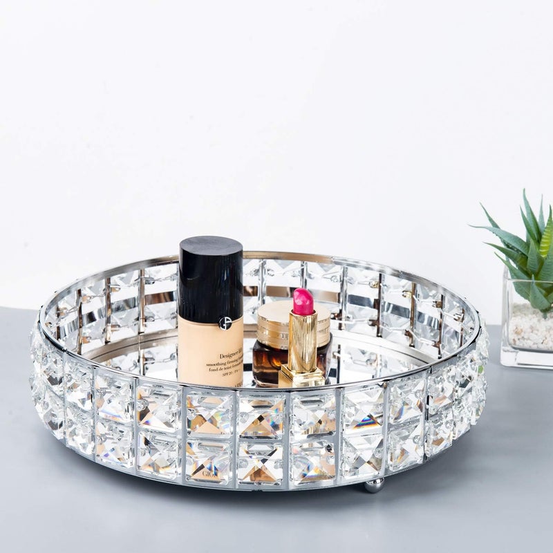 Feyarl Crystal Perfume Vanity Makeup Tray Mirrored Ornate Jewelry Trinket Tray Organizer Sparkly Bling Cosmetic Skin Care Decorative Tray with Glass Bottom Surface for Home Decor Dresser Desktop - Image 1